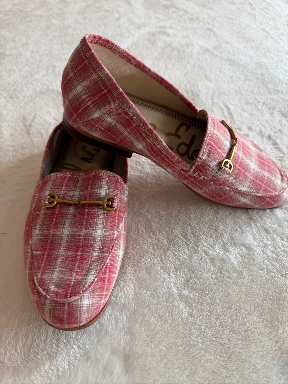 Sam Edelman Pink Plaid Loafers with Gold Bit